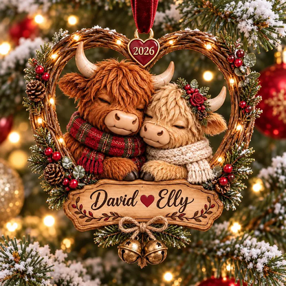 Custom Highland Cow Couple Christmas Ornament, Personalized Cute Cow Couple Ornament with Name