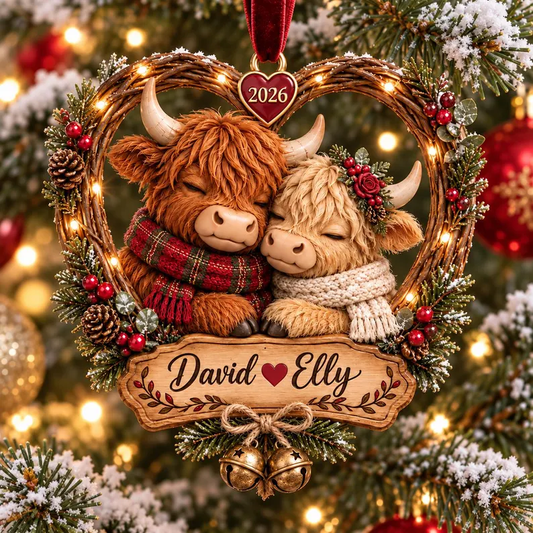 Custom Highland Cow Couple Christmas Ornament, Personalized Cute Cow Couple Ornament with Name