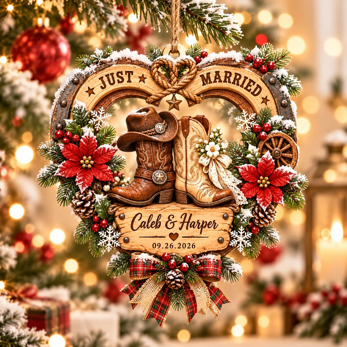 Western Just Married Ornament, Cowboy Wedding Keepsake, Personalized 2D Flat Ornament, Rustic Couple Gift, Country Wedding Decor
