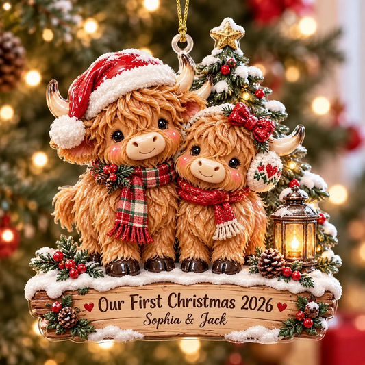 Personalized Highland Cow Couple First Christmas Ornament