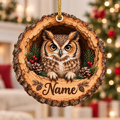 Personalized Owl Wood Slice Christmas Ornament, Wildlife Animal Lover Gift