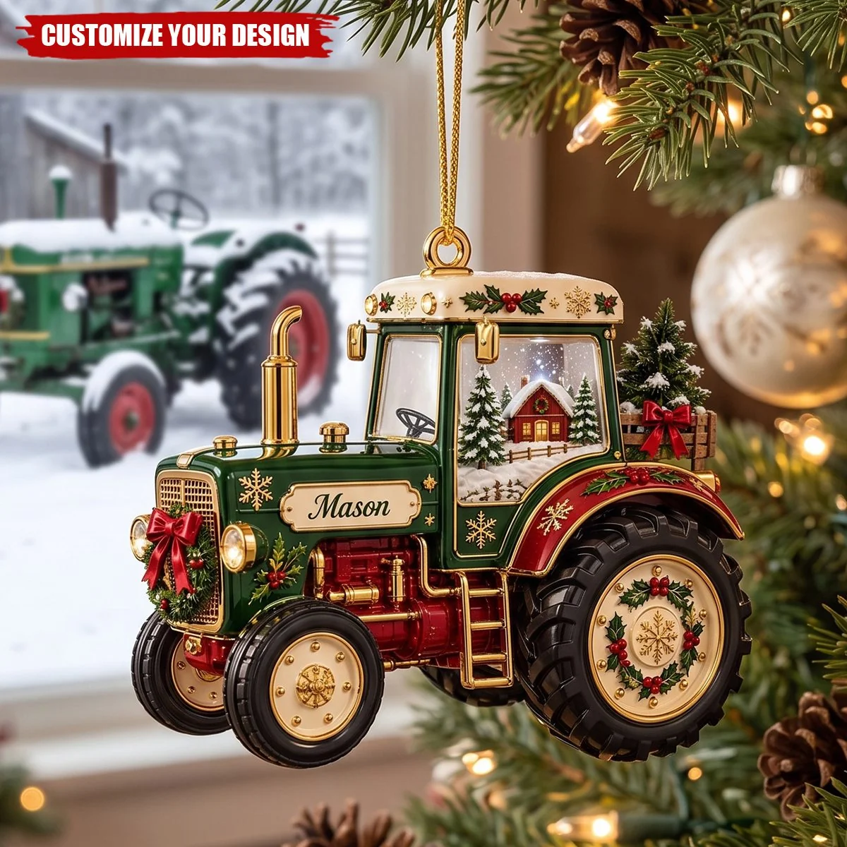 Personalized Tractor Christmas Ornament, Custom Name Green Tractor Holiday Tree Decor