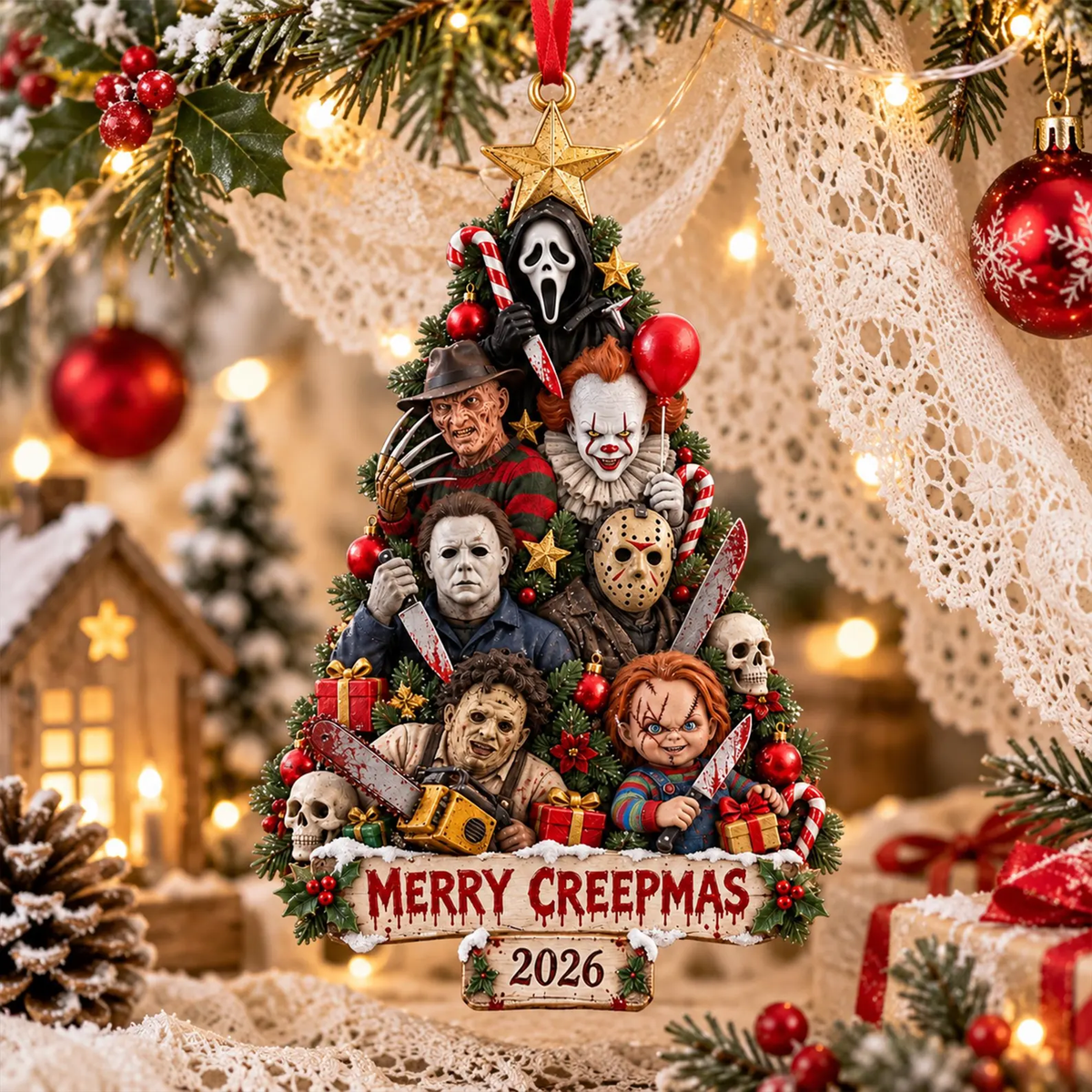 Creepy Horror Christmas Wooden Ornament - Funny Halloween Christmas Gift for Horror Fans