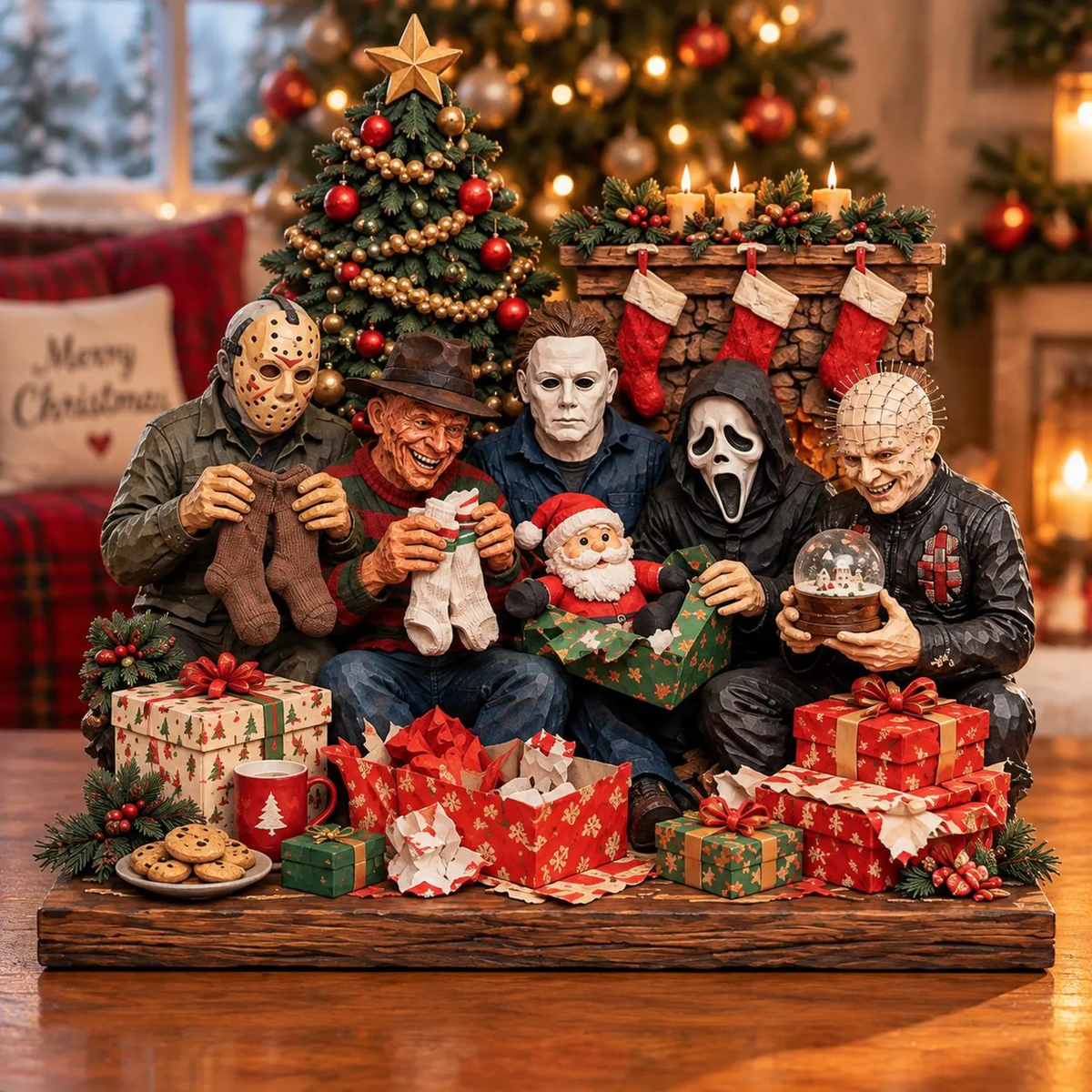 Horror Movie Killers Christmas Wooden Block Sign, Spooky Christmas Holiday Characters Wood Decor