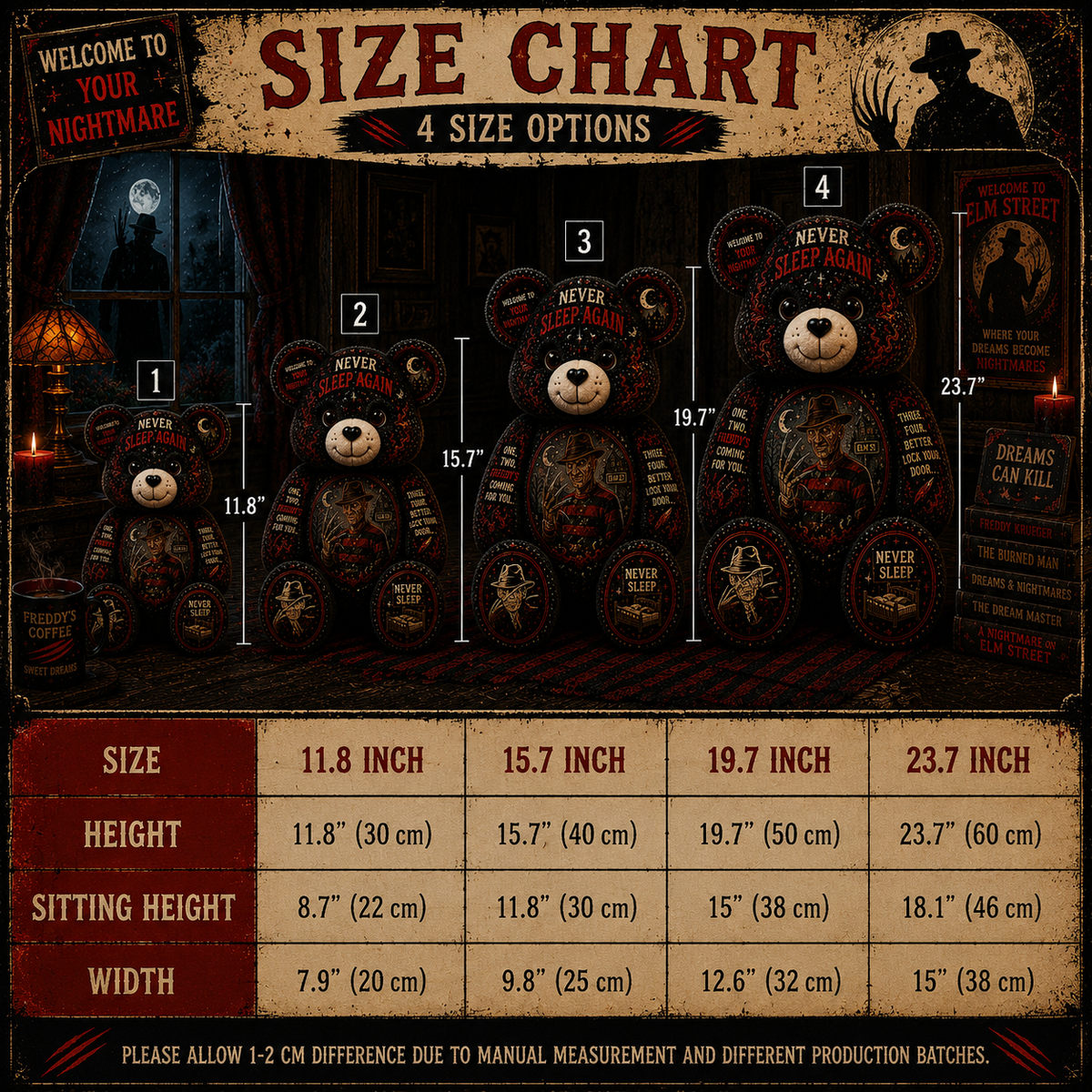 Never Sleep Again Freddy Bear Custom Shaped Pillow – Elm Street Horror Gift for Nightmare Fans