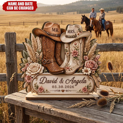 Rustic Cowboy Boots Personalized Wedding Wooden Plaque - Custom Anniversary Gift for Couples
