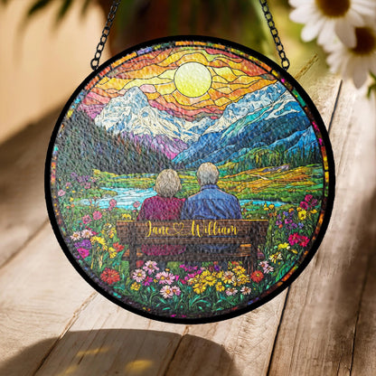 Custom Couple Stained Glass Suncatcher, Faux Glass Sunset & Mountain