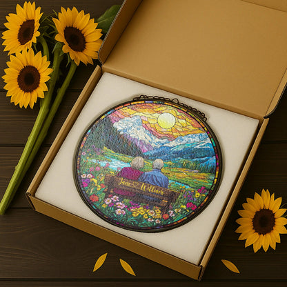 Custom Couple Stained Glass Suncatcher, Faux Glass Sunset & Mountain