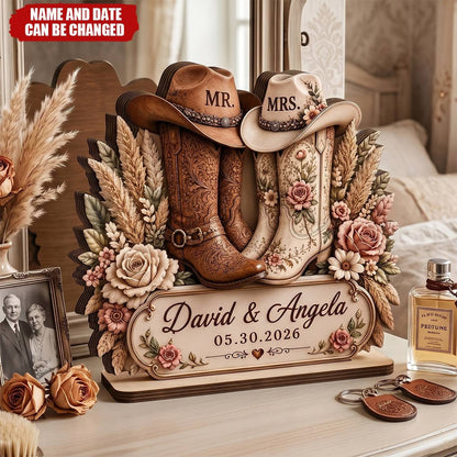 Rustic Cowboy Boots Personalized Wedding Wooden Plaque - Custom Anniversary Gift for Couples