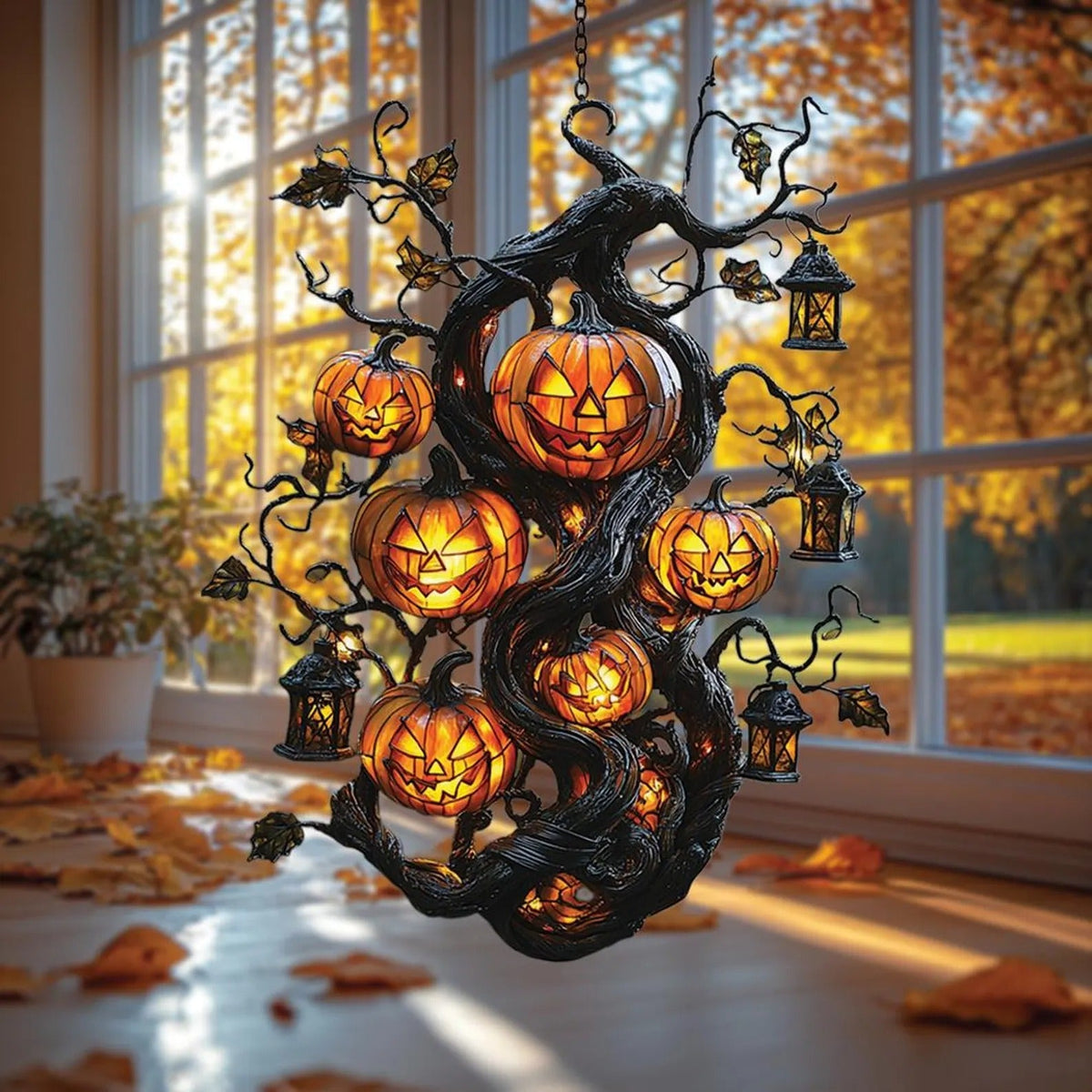 Jack-o’-lantern Tree Acrylic Window, Acrylic Window Hanging