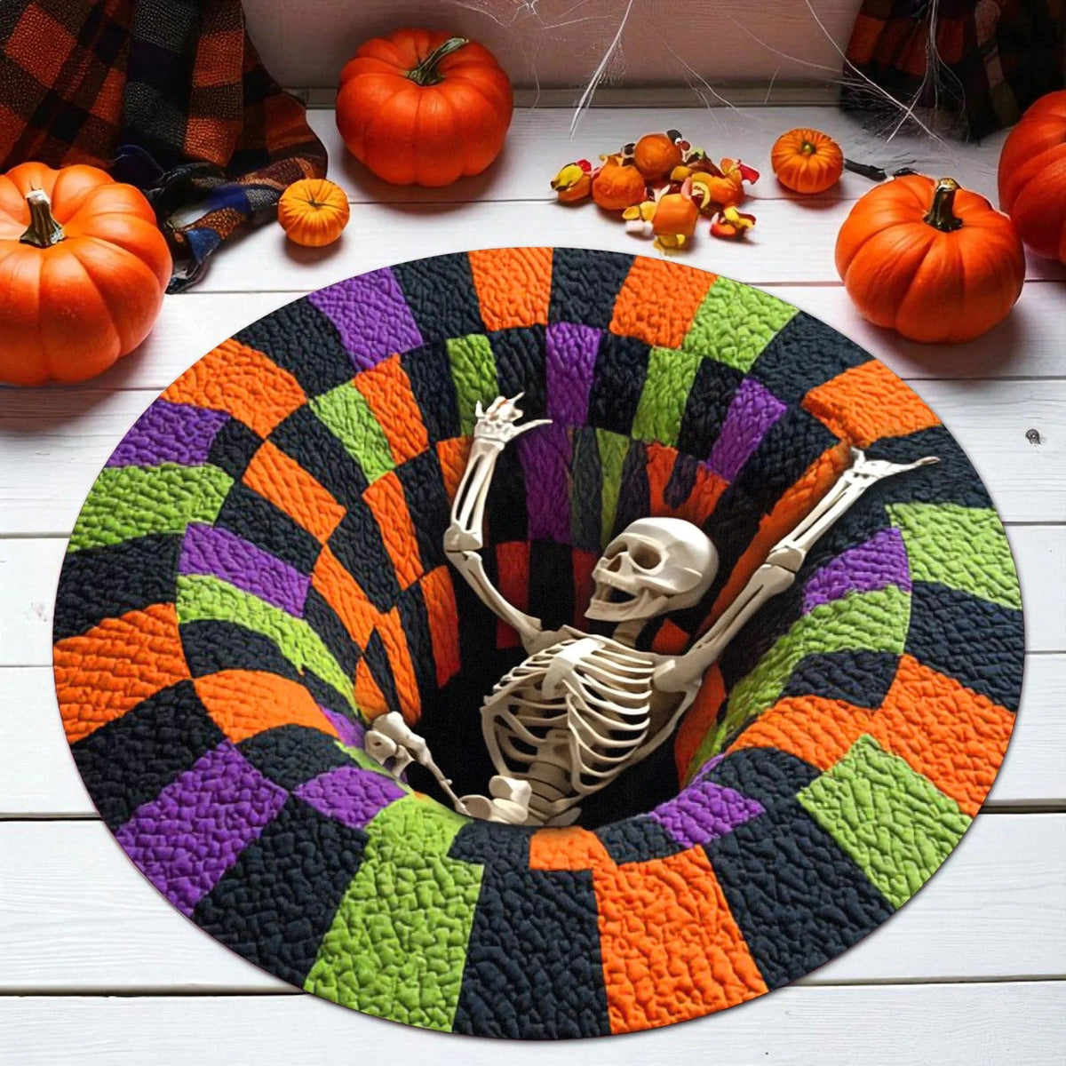 Halloween Skeleton Faux Quilted Round Mat