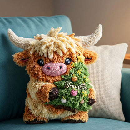 Cute Highland Cow Merry Christmas - Personalized Highland Cow Shaped Pillow