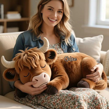 Sleeping Highland Cow - Personalized Cozy Highland Cow Shaped Pillow