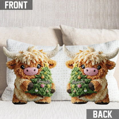Cute Highland Cow Merry Christmas - Personalized Highland Cow Shaped Pillow