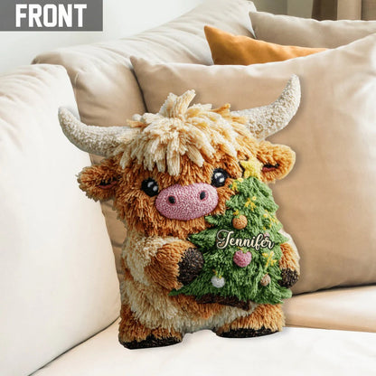Cute Highland Cow Merry Christmas - Personalized Highland Cow Shaped Pillow
