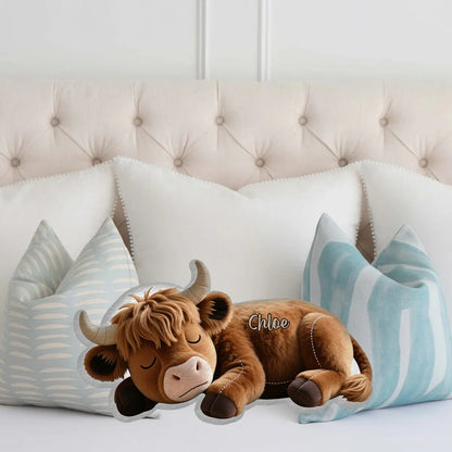 Sleeping Highland Cow - Personalized Cozy Highland Cow Shaped Pillow