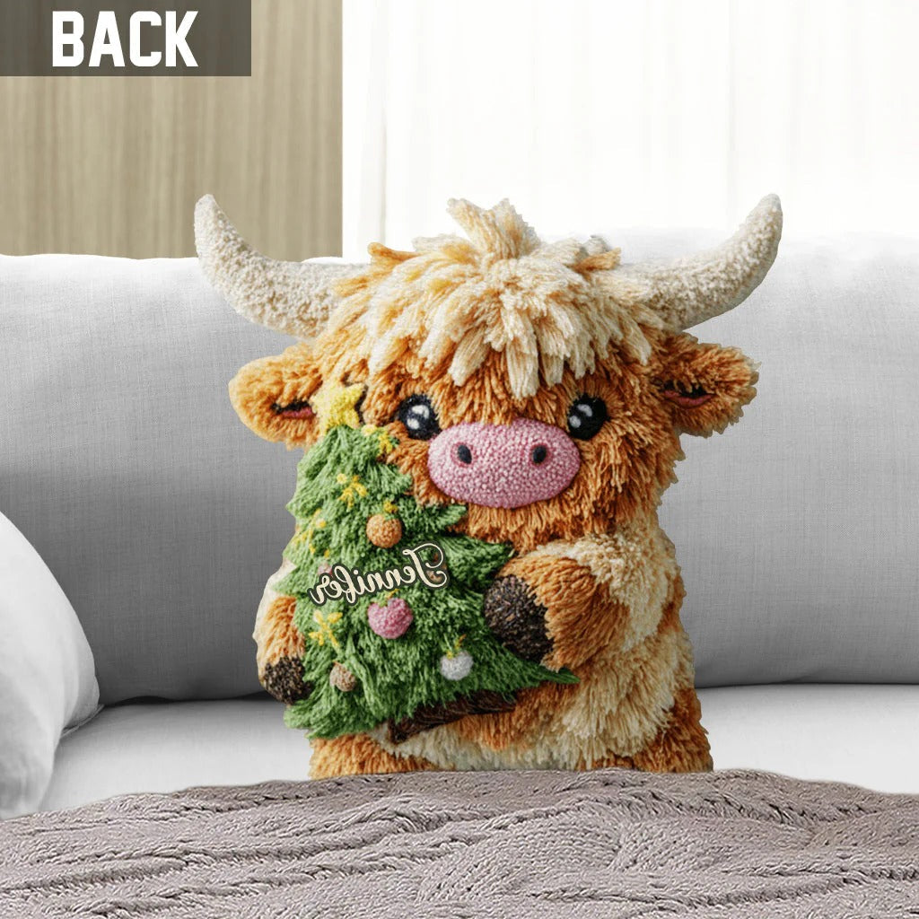 Cute Highland Cow Merry Christmas - Personalized Highland Cow Shaped Pillow