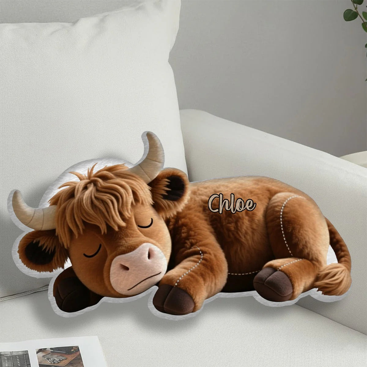 Sleeping Highland Cow - Personalized Cozy Highland Cow Shaped Pillow