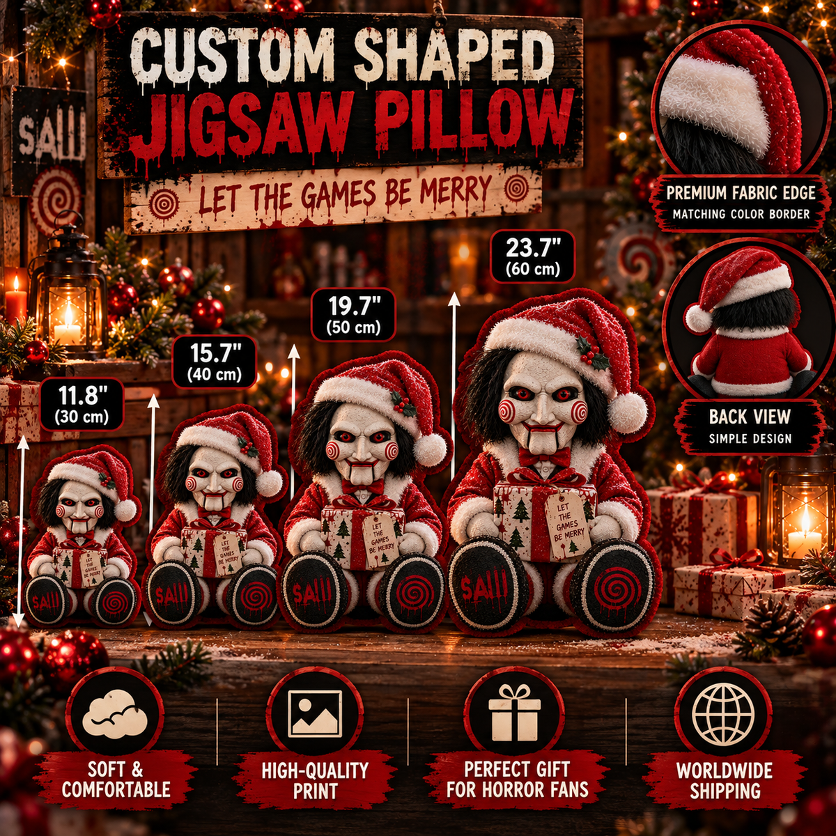 Jigsaw Christmas Custom Shaped Pillow – Halloween Horror Gift for Movie Fans