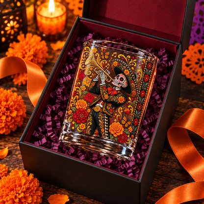 Mexican Day of the Dead Skeleton Mariachi Whiskey Glass - Mexican Culture Lover Gift
