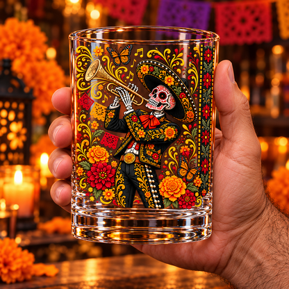 Mexican Day of the Dead Skeleton Mariachi Whiskey Glass - Mexican Culture Lover Gift