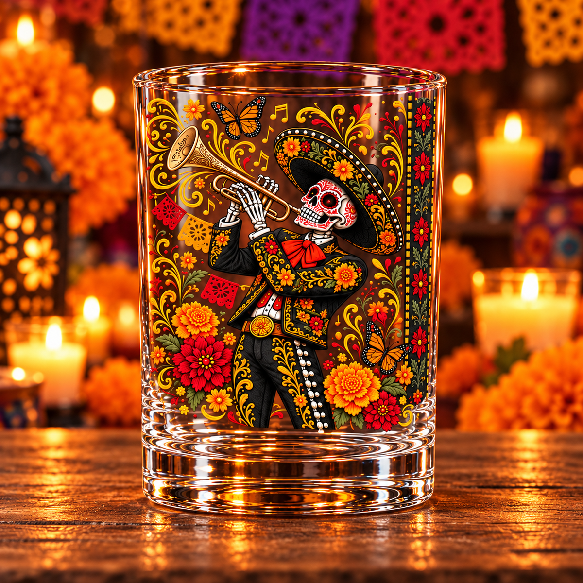 Mexican Day of the Dead Skeleton Mariachi Whiskey Glass - Mexican Culture Lover Gift