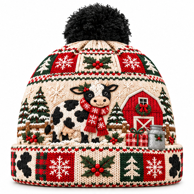 Farmhouse Christmas Cow Beanie Hat