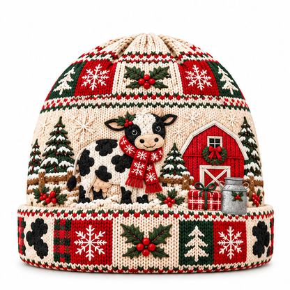 Farmhouse Christmas Cow Beanie Hat