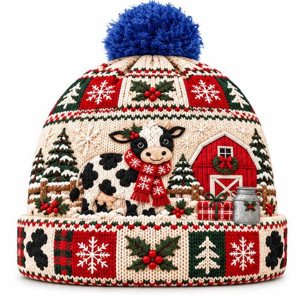 Farmhouse Christmas Cow Beanie Hat