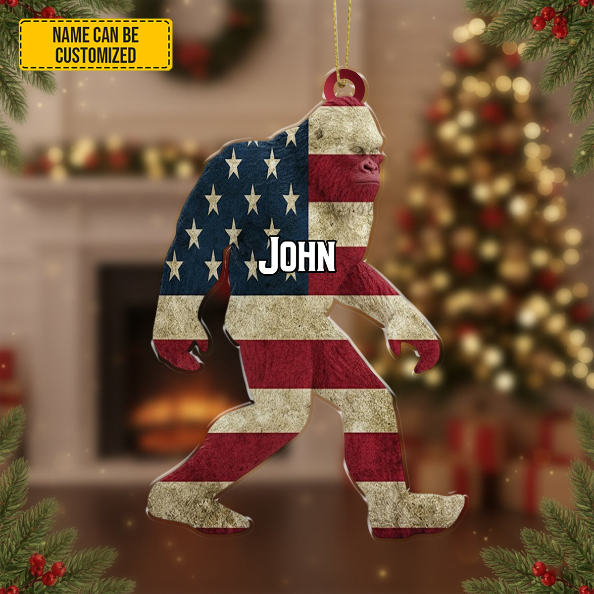 Personalized Sasquatch USA Flag Christmas – Funny Christmas Ornament