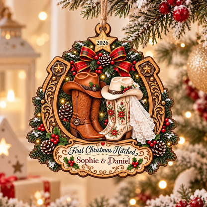 Personalized First Christmas Married Ornament, Western Cowboy Couple Christmas Ornament, Custom Names Newlywed Wedding Gift