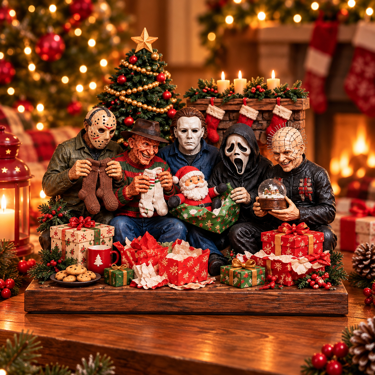 Horror Movie Killers Christmas Wooden Block Sign, Spooky Christmas Holiday Characters Wood Decor