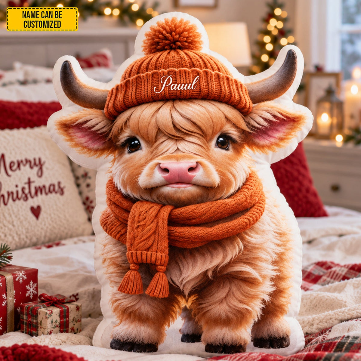 Personalized Autumn Highland Cow Shaped Pillow