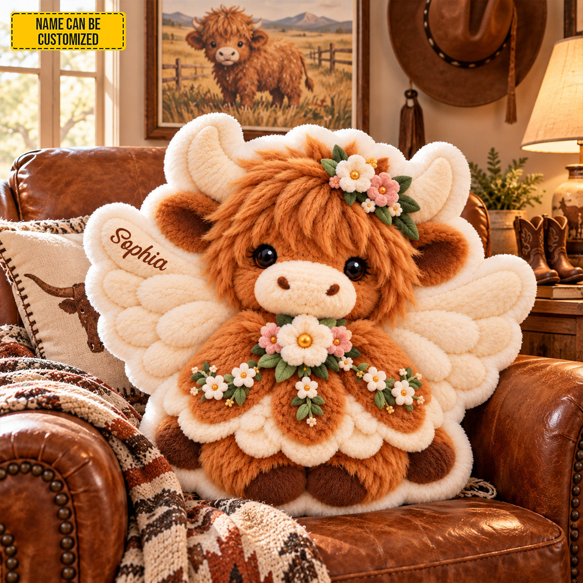 Personalized Floral Angel Highland Cow Pillow