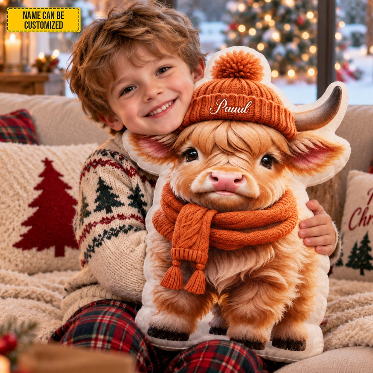 Personalized Autumn Highland Cow Shaped Pillow