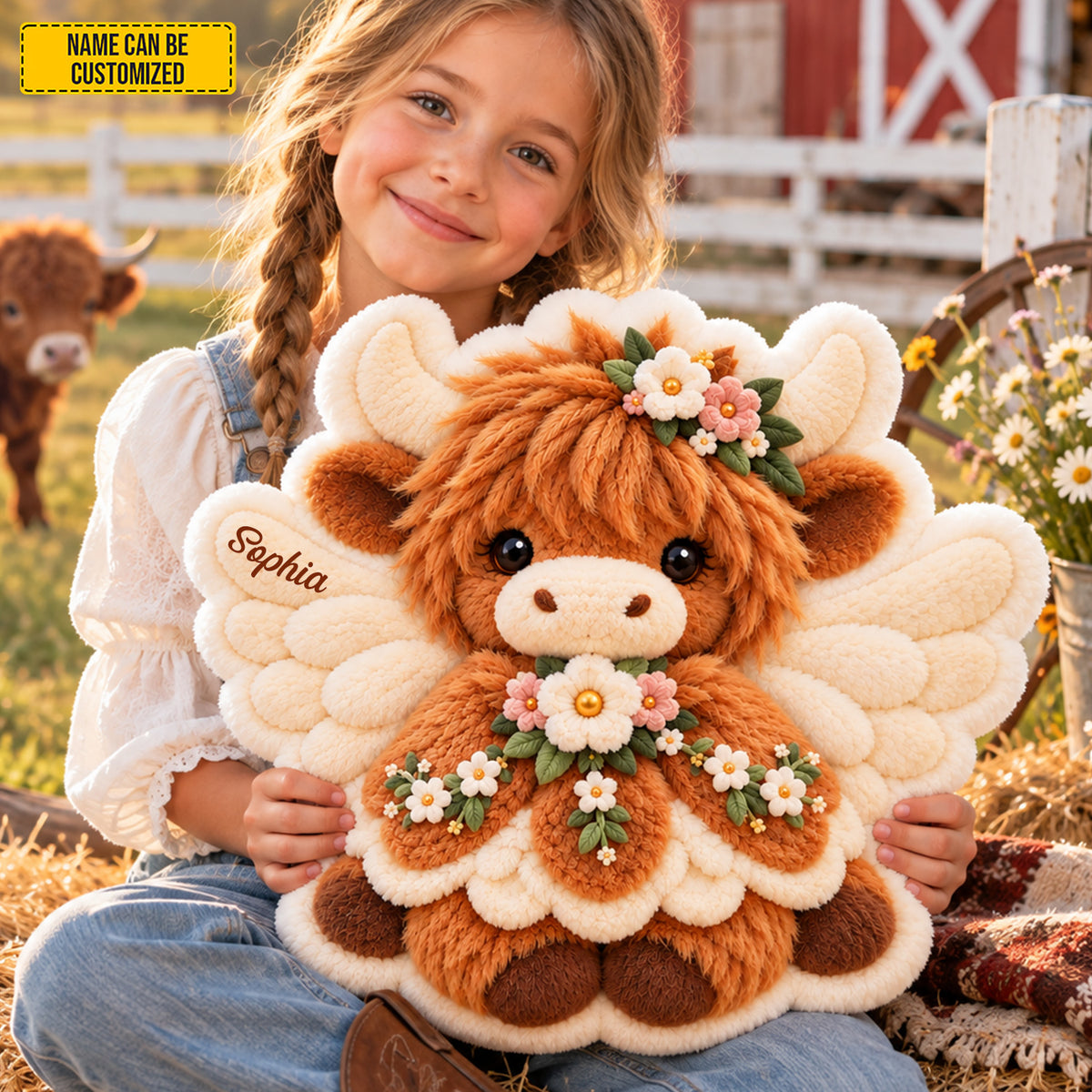 Personalized Floral Angel Highland Cow Pillow