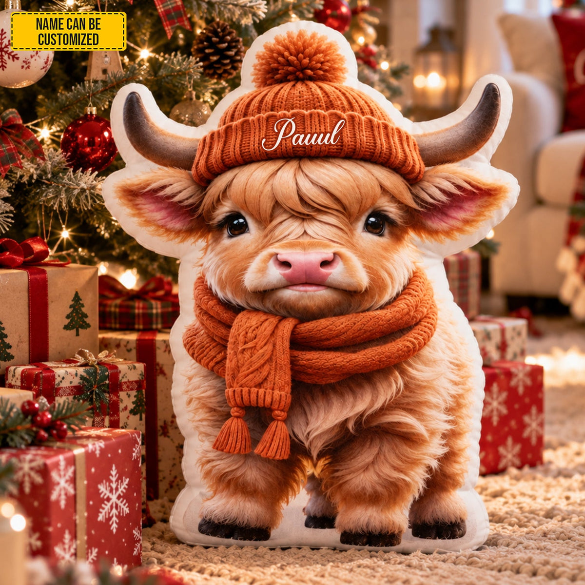 Personalized Autumn Highland Cow Shaped Pillow