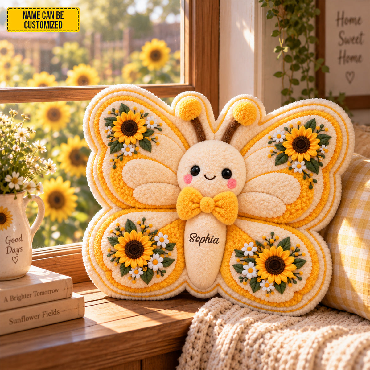 Personalized Sunflower Butterfly Shaped Pillow
