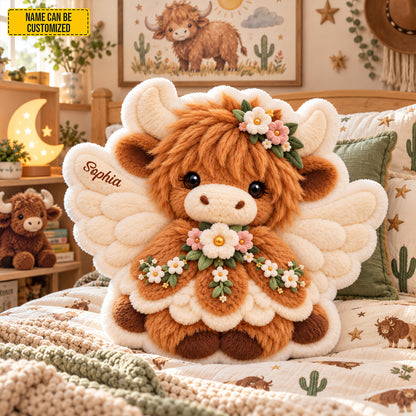 Personalized Floral Angel Highland Cow Pillow