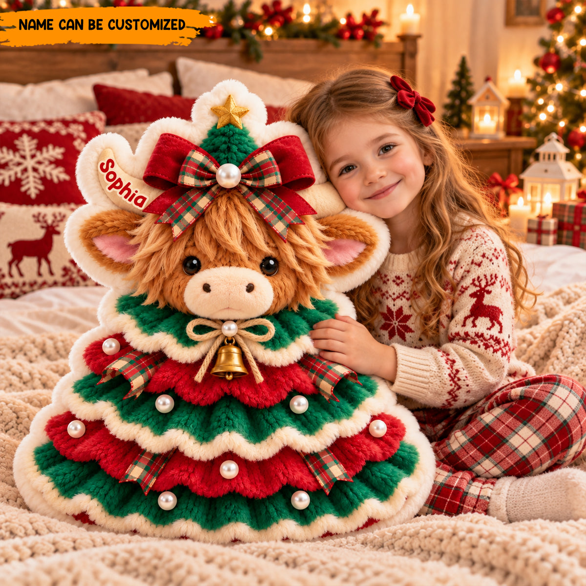 Personalized Christmas Highland Cow Custom Shaped Pillow