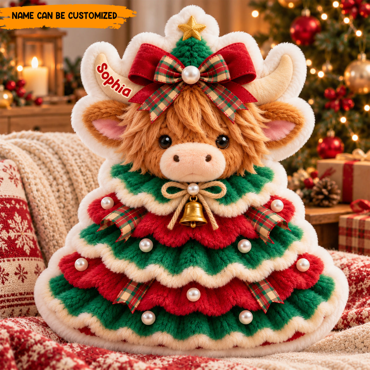 Personalized Christmas Highland Cow Custom Shaped Pillow