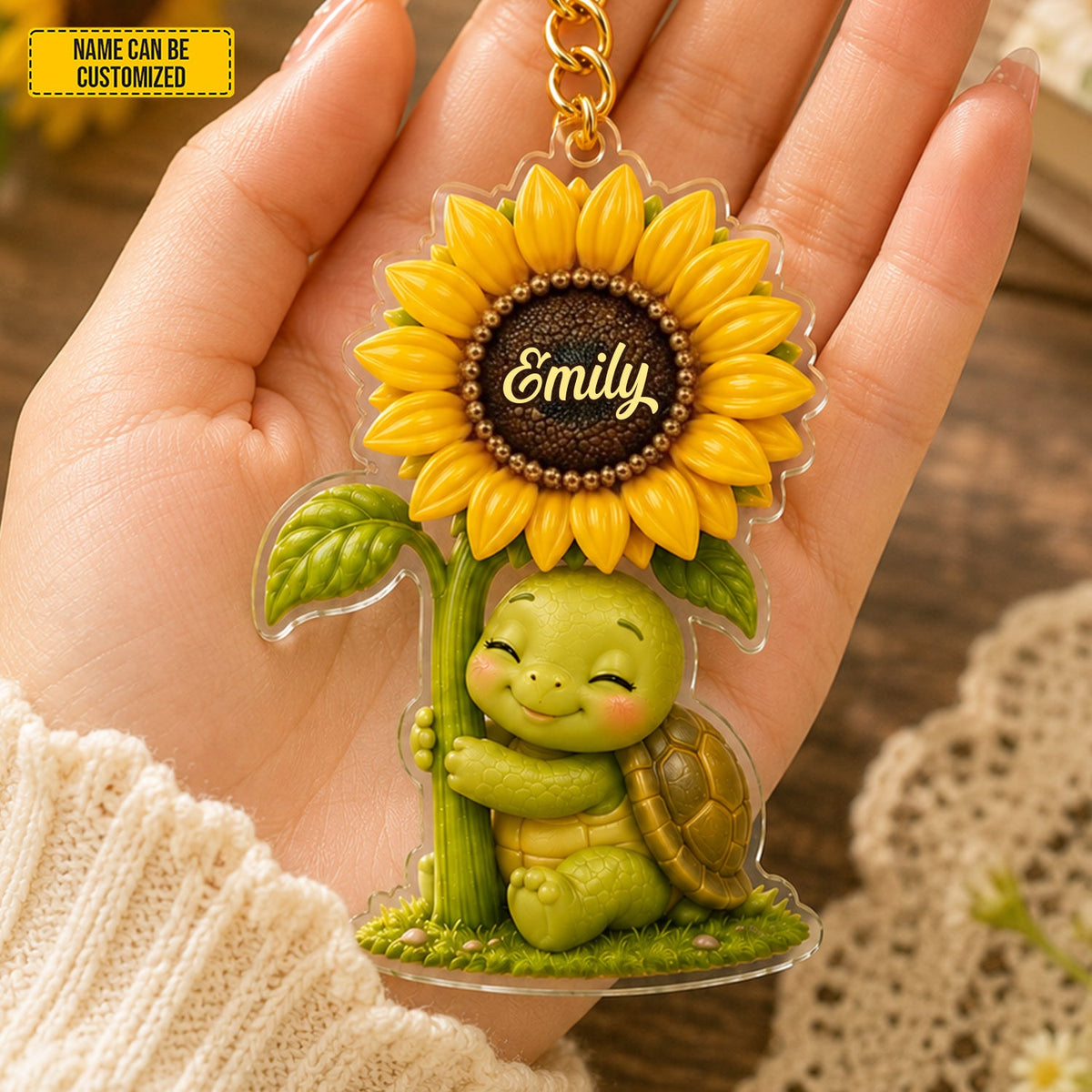 Sunflower Turtle Charm - Personalized Turtle Keychain